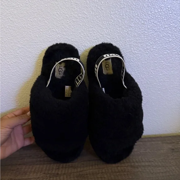 UGG  Black Fluffy Slides - Picture 7 of 8